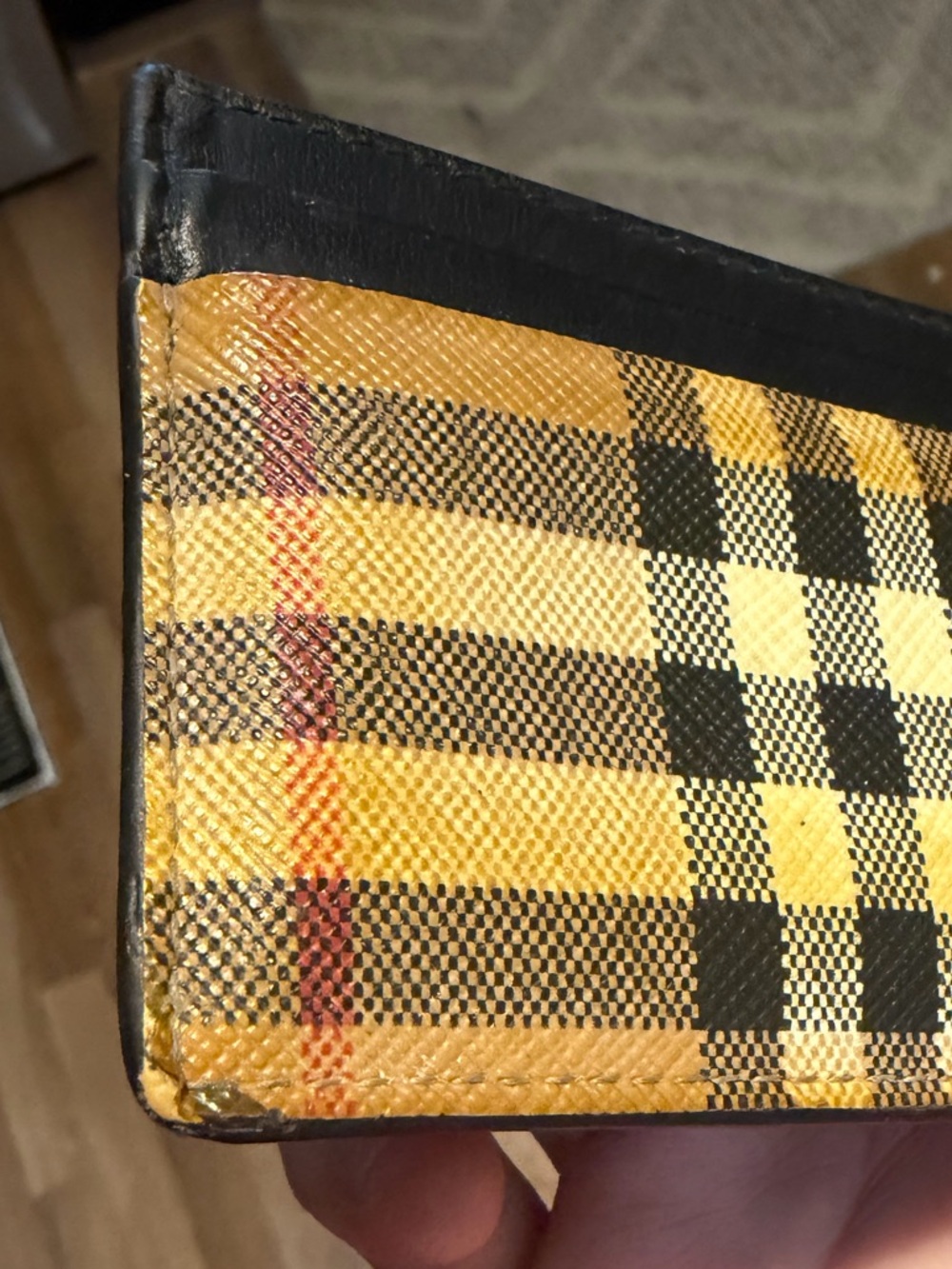 Authentic Burberry Yellow Plaid and Black Leather Card Holder - Picture 3 of 13